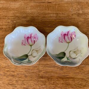 RS Germany Set of 2 Fluted Bowls 5"‎ Green with Pink  White Flowers Tulips Vtg